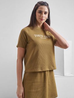TOKYO TALKIES - Women Brown Printed Boxy T-Shirt