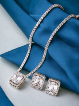 Jewels Galaxy - Silver Plated White Crystal Studded Rectangular AD Jewellery Set