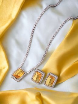 Jewels Galaxy - Silver Plated Yellow Crystal Studded Rectangular AD Jewellery Set