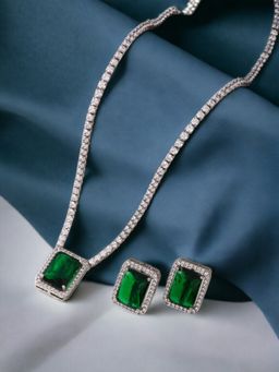 Jewels Galaxy - Silver Plated Green Crystal Studded Rectangular AD Jewellery Set