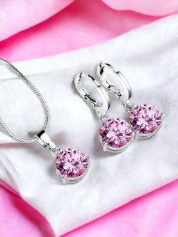 Jewels Galaxy - Silver Plated Pink CZ Stone-Studded Jewellery Set