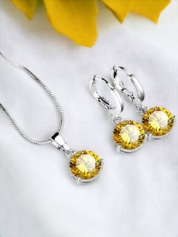 Jewels Galaxy - Silver Plated Yellow CZ Stone-Studded Jewellery Set