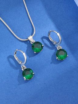 Jewels Galaxy - Silver Plated Green CZ Stone-Studded Jewellery Set