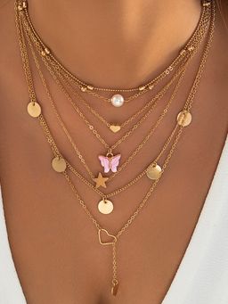 Jewels Galaxy - Gold-Plated Gold-Toned Butterfly Layered Necklace (Pack of 7)