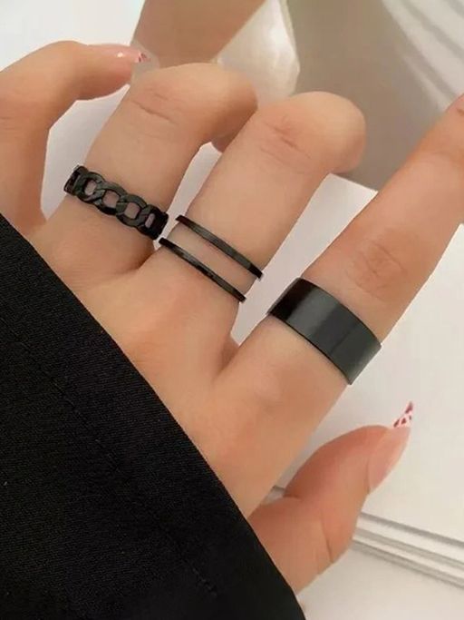 Jewels Galaxy Black Silver Plated Stackable Rings (Pack of 3)