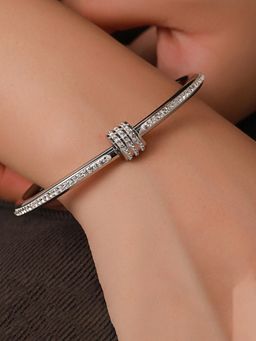 Jewels Galaxy - Stainless Steel Silver Plated American Diamond Studded Bangle Style Bracelet