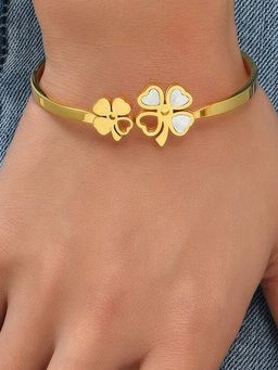 Jewels Galaxy - Stainless Steel Gold Plated Mother of Pearls Dual Flower Openable Floral Bracelet