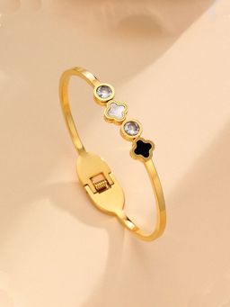 Jewels Galaxy - Stainless Steel Gold Plated Mother of Pearls Leaf Clover Bracelet