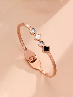 Jewels Galaxy - Stainless Steel Rose Gold Plated Mother of Pearls Leaf Clover Bracelet