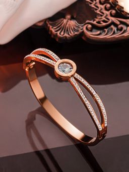 Jewels Galaxy - Stainless Steel Rose Gold Plated Roman Numerals American Diamond Studded Bracelet
