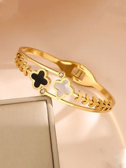 Jewels Galaxy - Stainless Steel Gold Plated Mother of Pearls Two Clover Leaf Irish Design Bracelet