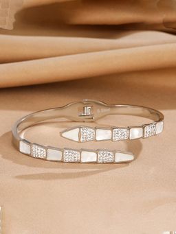Jewels Galaxy - Stainless Steel Silver Plated Mother of Pearl Snake Styled AD Studded Bracelet