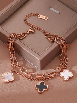 Jewels Galaxy - Stainless Steel Rose Gold Plated Mother of Pearls Clover Wraparound Bracelet