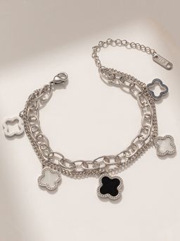 Jewels Galaxy - Stainless Steel Silver Plated Mother of Pearls Clover Wraparound Bracelet