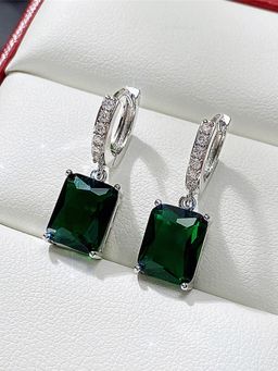 Jewels Galaxy - Silver Plated Green Rectangular American Diamond Ice Cut Drop Earrings