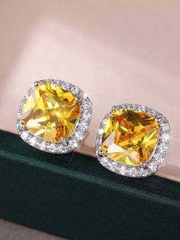Jewels Galaxy - Silver Plated American Diamond Studded Yellow Square Crushed Ice Cut Stud Earrings