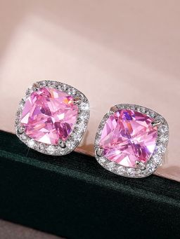 Jewels Galaxy - Silver Plated American Diamond Studded Pink Square Crushed Ice Cut Stud Earrings