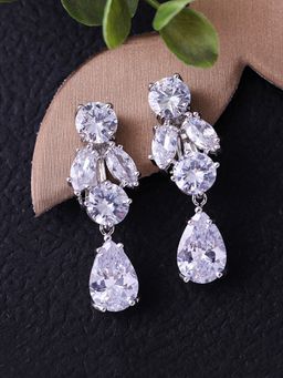 Jewels Galaxy - Silver Plated American Diamond Studded Contemporary Crushed Ice Cut Drop Earrings