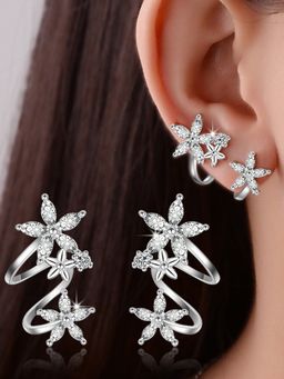 Jewels Galaxy - Silver Plated American Diamond Studded Triple Star Shaped Ear Cuffs Earrings