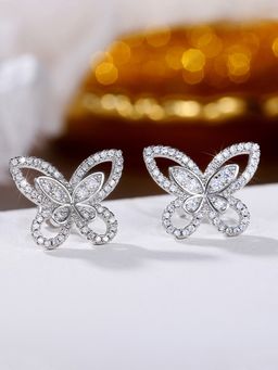 Jewels Galaxy - Silver Plated American Diamond White Studded Butterfly Shaped Korean Earrings
