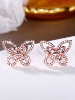 Jewels Galaxy - Rose Gold Plated American Diamond White Studded Butterfly Shaped Korean Earrings