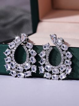 Jewels Galaxy - Silver Plated American Diamond White Studded Contemporary Drop Earrings