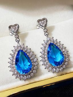 Jewels Galaxy - Silver Plated American Diamond Studded Blue Ice Cut Drop Earrings