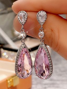 Jewels Galaxy - Silver Plated American Diamond Studded Pink Ice Cut Drop Earrings