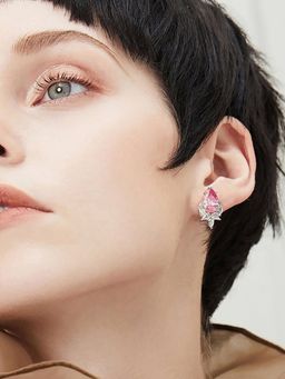 Jewels Galaxy - Silver Plated American Diamond Studded Pink Crushed Ice Cut Drop Earrings