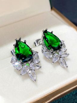 Jewels Galaxy - Silver Plated American Diamond Studded Green Crushed Ice Cut Drop Earrings