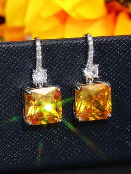 Jewels Galaxy - Silver Plated American Diamond Studded Yellow Square Shape Ice Cut Hanging Earrings