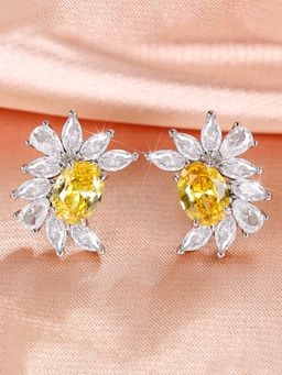 Jewels Galaxy - Silver Plated American Diamond Studded Yellow Crushed Ice Cut Stud Earrings