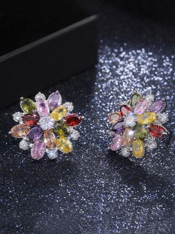 Jewels Galaxy - Silver Plated American Diamond Studded Floral Multi-Color Stud Earrings