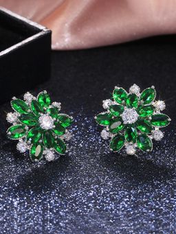 Jewels Galaxy - Silver Plated American Diamond Studded Floral Green Stud Earrings