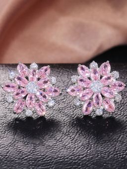 Jewels Galaxy - Silver Plated American Diamond Studded Floral Pink Stud Earrings