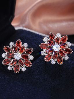 Jewels Galaxy - Silver Plated American Diamond Studded Floral Red Stud Earrings