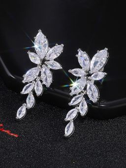 Jewels Galaxy - Silver Plated American Diamond Studded Floral Themed Drop Earrings