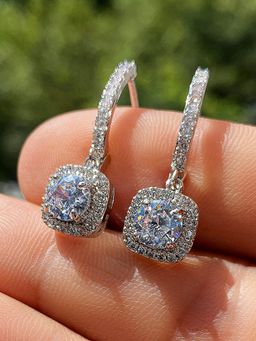 Jewels Galaxy - Silver Plated American Diamond Studded Rectangular Crushed Ice Cut Drop Earrings