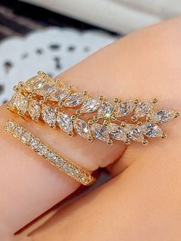 Jewels Galaxy - Gold-Plated CZ Stone-Studded Leaf Adjustable Finger Ring