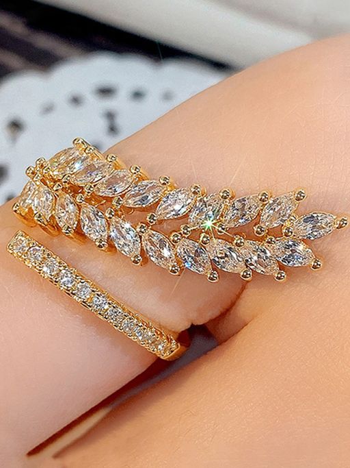 Jewels Galaxy Gold-Plated CZ Stone-Studded Leaf Adjustable Finger Ring