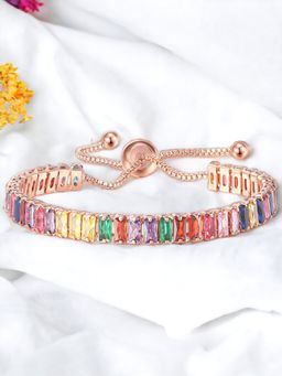 Jewels Galaxy - Rose Gold Plated Rectangular Cut Cubic Zirconia Multicolor Matrix Tennis Bracelet