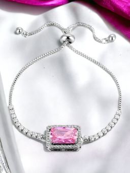 Jewels Galaxy - Silver Plated Rectangular Pink Crystal Studded Matrix Tennis Bracelet