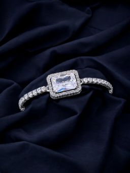 Jewels Galaxy - Silver Plated Rectangular Blue Crystal Studded Matrix Tennis Bracelet