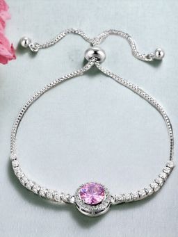 Jewels Galaxy - Silver Plated Round Pink Crystal Studded Matrix Tennis Bracelet