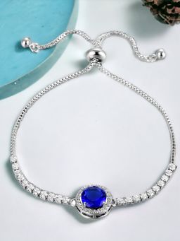Jewels Galaxy - Silver Plated Round Blue Crystal Studded Matrix Tennis Bracelet