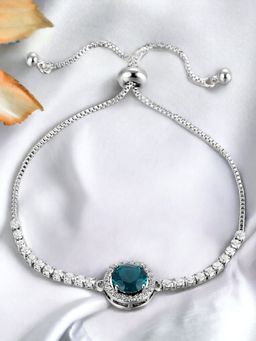 Jewels Galaxy - Silver Plated Round Teal Blue Crystal Studded Matrix Tennis Bracelet