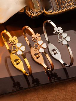 Jewels Galaxy - Gold, Rose Gold & Silver Mother of Pearls Dual Flower Floral Bracelet (Pack of 3)