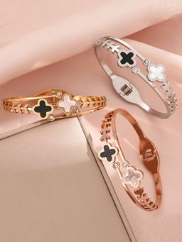 Jewels Galaxy - Gold, Rose Gold & Silver Mother of Pearls Two Clover Leaf Bracelet (Pack of 2)