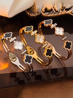 Jewels Galaxy - Gold, Rose Gold & Silver Mother of Pearls Three Clover Leaf Bracelet (Pack of 3)