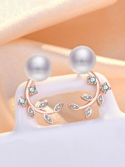 Jewels Galaxy - Rose Gold Plated American Diamond Studded Pearl Leaf Korean Stud Earrings